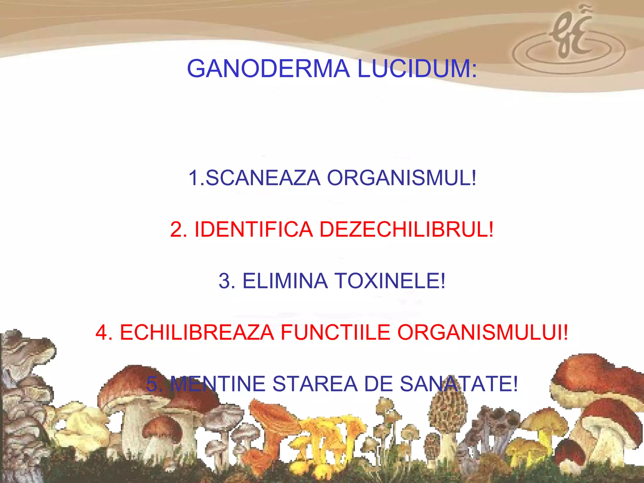GANODERMA LUCIDUM: 1.SCANEAZA ORGANISMUL! 2. IDENTIFICA DEZECHILIBRUL! 3. ELIMINA TOXINELE! 4. ECHILIBREAZA FUNCTIILE ORGANISMULUI! 5. MENTINE STAREA DE SANATATE! 