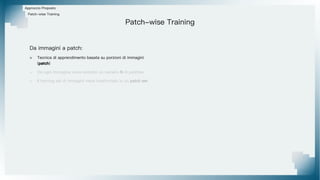 Patch-wise Training
Approccio Proposto
Patch-wise Training
Da immagini a patch:
> Tecnica di apprendimento basata su porzioni di immagini
(patch)
> Da ogni immagine viene estratto un numero N di patches
> Il training set di immagini viene trasformato in un patch set
 