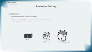 Patch-wise Training
Approccio Proposto
Addestramento:
> Apprendimento basato su un training set di patch
> La patch è definita anomala se il suo centro appartiene alla regione anomala
> La patch normale presenta il suo centro privo di anomalie
Patch
Training Modello Patch-wise
Patch-wise Training
 