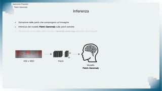 Approccio Proposto
Patch-Ganomaly
Inferenza
> Estrazione delle patch che compongono un'immagine
> Inferenza del modello Patch-Ganomaly sulle patch estratte
> Gli anomaly score delle patch formano l'anomaly score map associata all'immagine
256 x 1600 Patch
... ... ...
32
32
Modello
Patch-Ganomaly
 