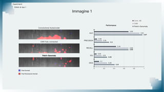 Esperimenti
Convolutional Autoencoder
CNN Fully-connected
Patch-Ganomaly
Difetti di tipo 1
Immagine 1
Pixel Riconosciuti Anomali
Pixel Anomali
 