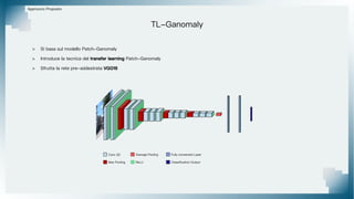 > Si basa sul modello Patch-Ganomaly
> Introduce la tecnica del transfer learning Patch-Ganomaly
> Sfrutta la rete pre-addestrata VGG16
Approccio Proposto
TL-Ganomaly
Average Pooling
Conv 2D
Max Pooling ReLU Classification Output
Fully connected Layer
 
