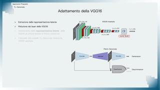 Approccio Proposto
Adattamento della VGG16
TL-Ganomaly
32 x 32 x 64
16 x 16 x 128
8 x 8 x 256
4 x 4 x 256
2 x 2 x 512
Kernel: 2 x 2
1 x 1 x 100
Patch-Ganomaly
Generatore
Discriminatore
Reale
Generata
Encoder Decoder Encoder
Classficatore
VGG16 Adattata
> Estrazione della rappresentazione latente
> Riduzione dei layer della VGG16
> Adattamento della rappresentazione latente della
VGG16 al vettore latente di Patch-Ganomaly
> L'encoder del modello TL-Ganomaly diventa la
VGG16 adattata
 