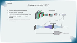 Approccio Proposto
Adattamento della VGG16
TL-Ganomaly
32 x 32 x 64
16 x 16 x 128
8 x 8 x 256
4 x 4 x 256
2 x 2 x 512
1 x 1 x 100
Patch-Ganomaly
Generatore
Discriminatore
Reale
Generata
Encoder Decoder Encoder
Classficatore
> Estrazione della rappresentazione latente
> Riduzione dei layer della VGG16
> Adattamento della rappresentazione latente della
VGG16 al vettore latente di Patch-
Ganomaly
> L'encoder del modello TL-Ganomaly diventa la
VGG16 adattata
VGG16 Adattata
 