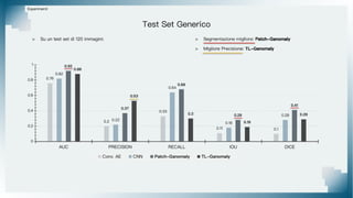 Test Set Generico
Esperimenti
> Su un test set di 120 immagini: > Segmentazione migliore: Patch-Ganomaly
> Migliore Precisione: TL-Ganomaly
 