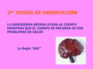 2da TEORÍA DE OBSERVACIÓN 
LA GANODERMA BRINDA AYUDA AL CUERPO 
MIENTRAS QUE EL CUERPO SE ENCARGA DE SUS 
PROBLEMAS DE SALUD 
La Regla “ABC” 
 