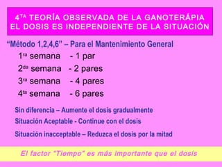 4 TA TEORÍA OBSERVADA DE LA GANOTERÁPIA
EL DOSIS ES INDEPENDIENTE DE LA SITUACIÓN

“Método 1,2,4,6” – Para el Mantenimiento General
1ra semana - 1 par
2da semana - 2 pares
3ra semana - 4 pares
4ta semana - 6 pares
Sin diferencia – Aumente el dosis gradualmente
Situación Aceptable - Continue con el dosis
Situación inacceptable – Reduzca el dosis por la mitad
El factor “Tiempo” es más importante que el dosis

 