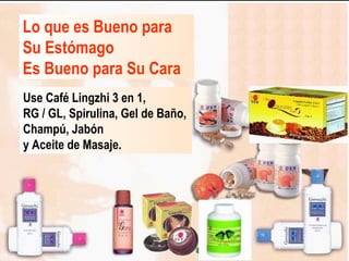 Lo que es Bueno para
Su Estómago
Es Bueno para Su Cara
Use Café Lingzhi 3 en 1,
RG / GL, Spirulina, Gel de Baño,
Champú, Jabón
y Aceite de Masaje.

 