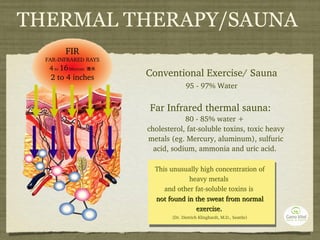 THERMAL THERAPY/SAUNA This unusually high concentration of heavy metals  and other fat-soluble toxins is  not found in the sweat from normal exercise.   (Dr. Dietrich Klinghardt, M.D., Seattle ) Conventional Exercise/ Sauna 95 - 97% Water Far Infrared thermal sauna:   80 - 85% water +  cholesterol, fat-soluble toxins, toxic heavy metals (eg. Mercury, aluminum), sulfuric acid, sodium, ammonia and uric acid.  FIR FAR-INFRARED RAYS 4  to  16   Microns  微米 2 to 4 inches 