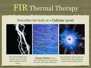 FIR   Thermal Therapy  Detoxifies the body at a   Cellular Level Far-Infrared light wave reaches up to 2 inches deep inside the body's tissue  Resonant Vibration  occurs when the light waves penetrate the cells and water molecules  This vibration reduces the ion bonds of the cells, releasing toxins and energising them 