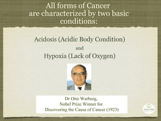 All forms of Cancer  are characterized by two basic conditions: Acidosis  (Acidic Body Condition)  and   Hypoxia  (Lack of Oxygen)  Dr Otto Warburg,  Nobel Prize Winner  for  Discovering the Cause of Cancer (1923) 