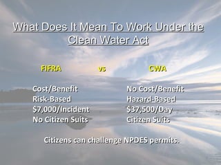 What Does It Mean To Work Under the Clean Water Act FIFRA   vs CWA Cost/Benefit No Cost/Benefit Risk-Based Hazard-Based $7,000/Incident $37,500/Day No Citizen Suits Citizen Suits Citizens can challenge NPDES permits. 