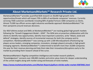About MarketsandMarkets™ Research Private Ltd.
MarketsandMarkets™ provides quantified B2B research on 30,000 high growth niche
opportunities/threats which will impact 70% to 80% of worldwide companies’ revenues. Currently
servicing 7500 customers worldwide including 80% of global Fortune 1000 companies as clients.
Almost 75,000 top officers across eight industries worldwide approach MarketsandMarkets™ for
their painpoints around revenues decisions.
Our 850 fulltime analyst and SMEs at MarketsandMarkets™ are tracking global high growth markets
following the "Growth Engagement Model – GEM". The GEM aims at proactive collaboration with the
clients to identify new opportunities, identify most important customers, write "Attack, avoid and
defend" strategies, identify sources of incremental revenues for both the company and its
competitors. MarketsandMarkets™ now coming up with 1,500 MicroQuadrants (Positioning top
players across leaders, emerging companies, innovators, strategic players) annually in high growth
emerging segments. MarketsandMarkets™ is determined to benefit more than 10,000 companies
this year for their revenue planning and help them take their innovations/disruptions early to the
market by providing them research ahead of the curve.
MarketsandMarkets’s flagship competitive intelligence and market research platform,
"Knowledgestore" connects over 200,000 markets and entire value chains for deeper understanding
of the unmet insights along with market sizing and forecasts of niche markets.
https://www.marketsandmarkets.com/Market-Reports/gallium-nitride-wafer-market-93870461.html
 