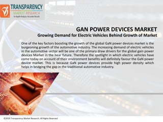 ©2019 Transparency Market Research, All Rights Reserved
GAN POWER DEVICES MARKET
Growing Demand for Electric Vehicles Behind Growth of Market
©2019 Transparency Market Research, All Rights Reserved
One of the key factors boosting the growth of the global GaN power devices market is the
burgeoning growth of the automotive industry. The increasing demand of electric vehicles
in the automotive sector will be one of the primary draw drivers for the global gain power
devices Market in the near future. Therefore the spotlight in which electric vehicles have
come today on account of their environment benefits will definitely favour the GaN power
device market. This is because GaN power devices provide high power density which
helps in bridging the gap in the traditional automotive industry.
 