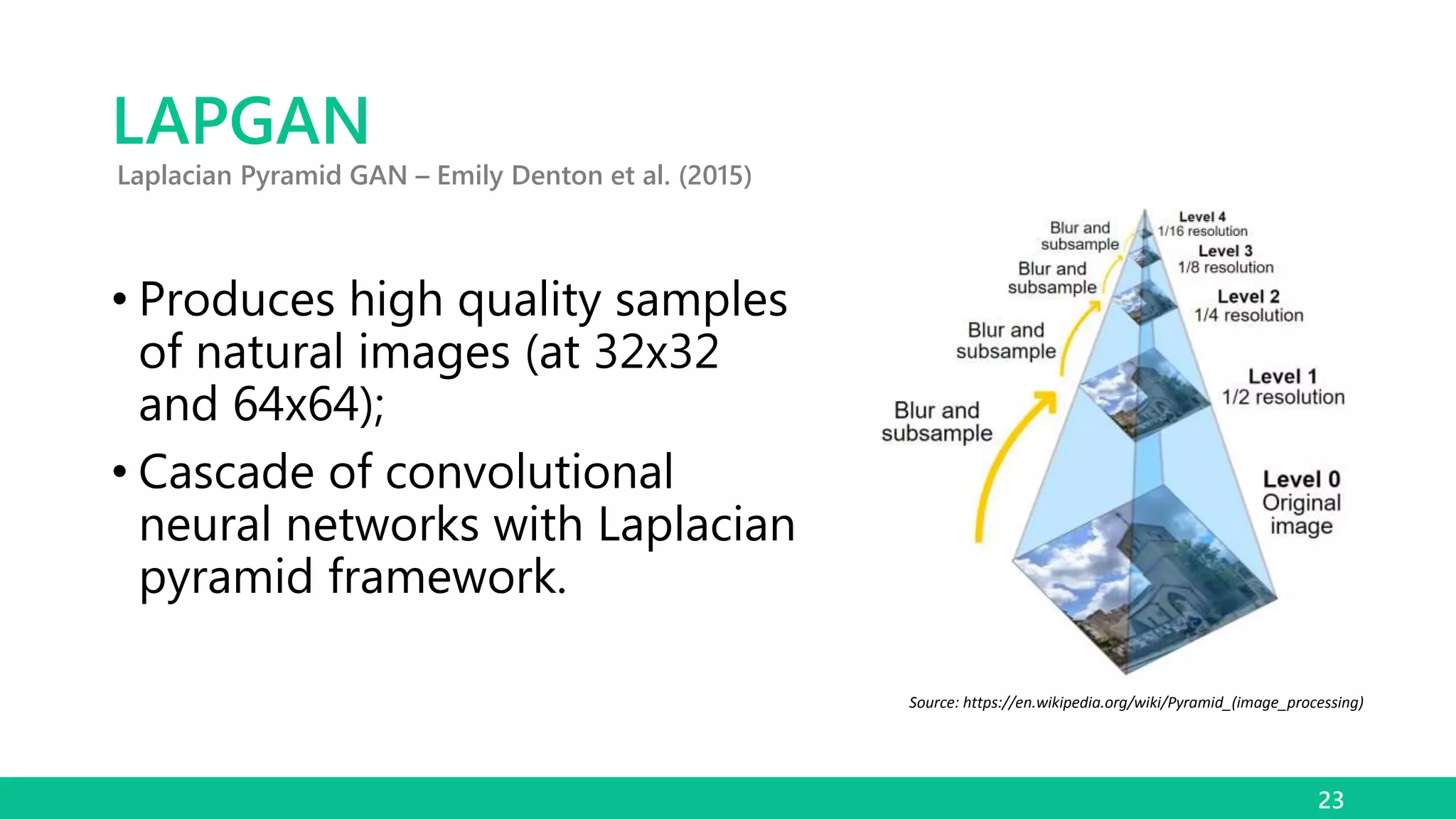 LAPGAN
• Produces high quality samples
of natural images (at 32x32
and 64x64);
• Cascade of convolutional
neural networks with Laplacian
pyramid framework.
23
Laplacian Pyramid GAN – Emily Denton et al. (2015)
Source: https://en.wikipedia.org/wiki/Pyramid_(image_processing)
 