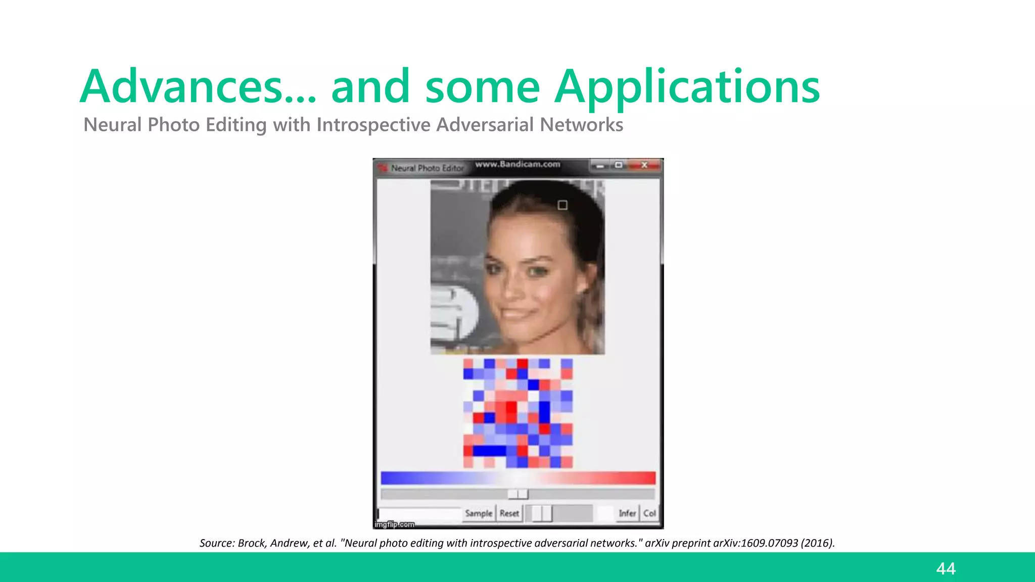 44
Source: Brock, Andrew, et al. "Neural photo editing with introspective adversarial networks." arXiv preprint arXiv:1609.07093 (2016).
Advances... and some Applications
Neural Photo Editing with Introspective Adversarial Networks
 