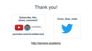 Thank you!
@luis_likes_math
Subscribe, like,
share, comment!
youtube.com/c/LuisSerrano
http://serrano.academy
 