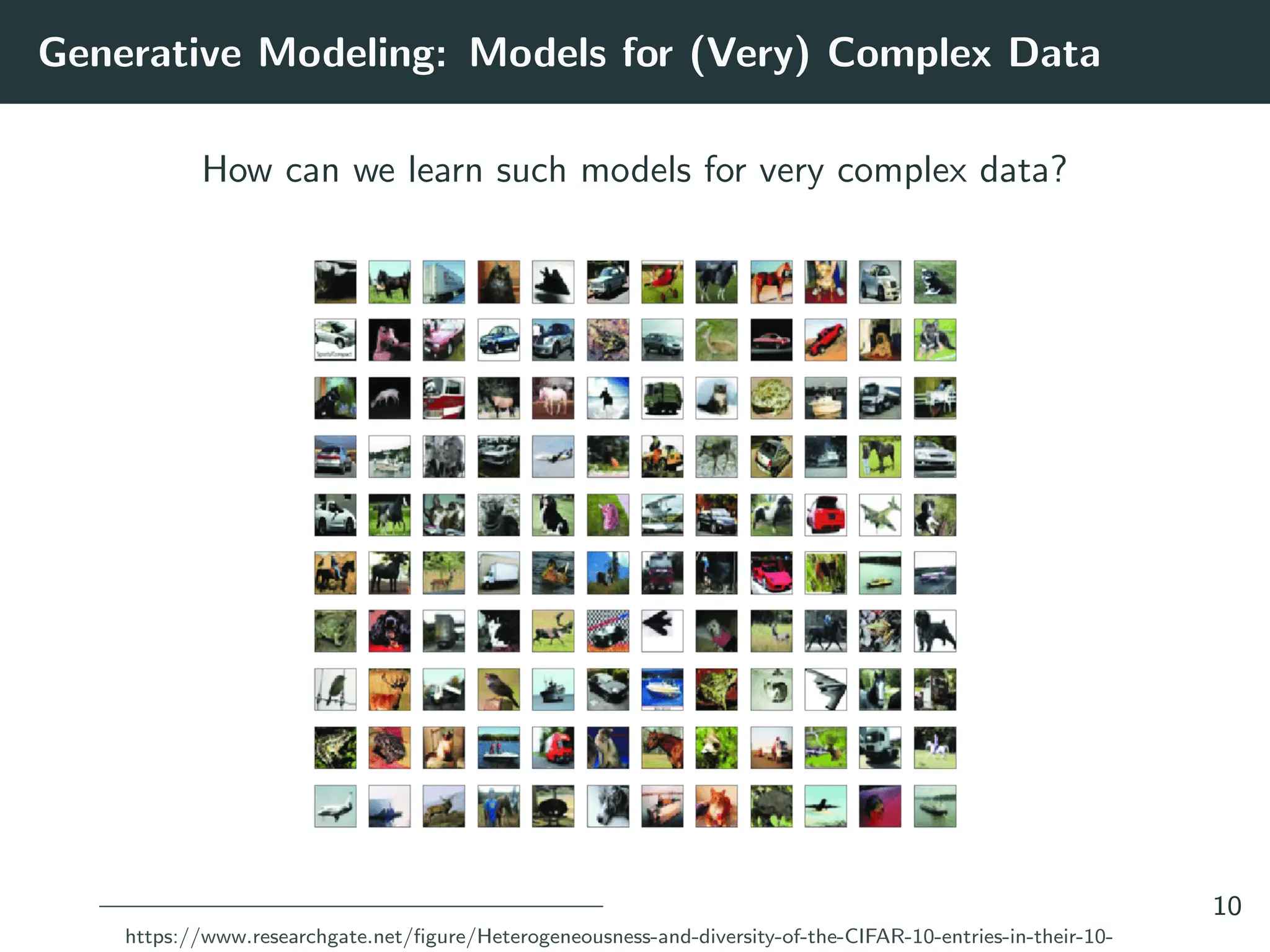 Generative Modeling: Models for (Very) Complex Data
How can we learn such models for very complex data?
https://www.researchgate.net/figure/Heterogeneousness-and-diversity-of-the-CIFAR-10-entries-in-their-10-
10
 