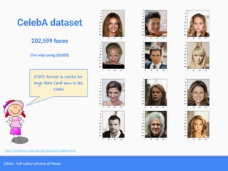 GANs - full-colour photos of faces
CelebA dataset
202,599 faces
(i’m only using 20,000)
http://mmlab.ie.cuhk.edu.hk/projects/CelebA.html
HDF5 format is useful for
large data (and slow io like
colab)
 