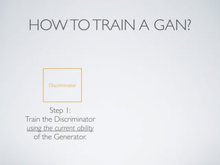 HOWTOTRAIN A GAN?
Discriminator
Step 1:
Train the Discriminator
using the current ability
of the Generator.
 