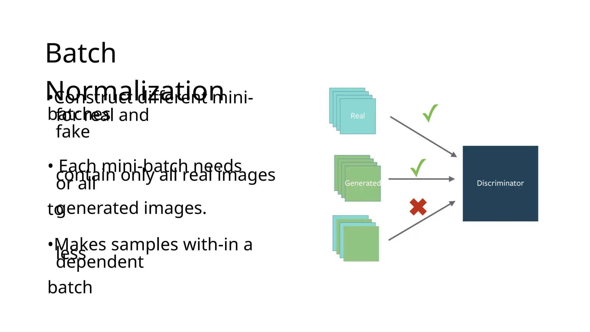 Batch
Normalization
•Construct different mini-
batches
for real and
fake
• Each mini-batch needs
to
contain only all real images
or all
generated images.
•Makes samples with-in a
batch
less
dependent
 