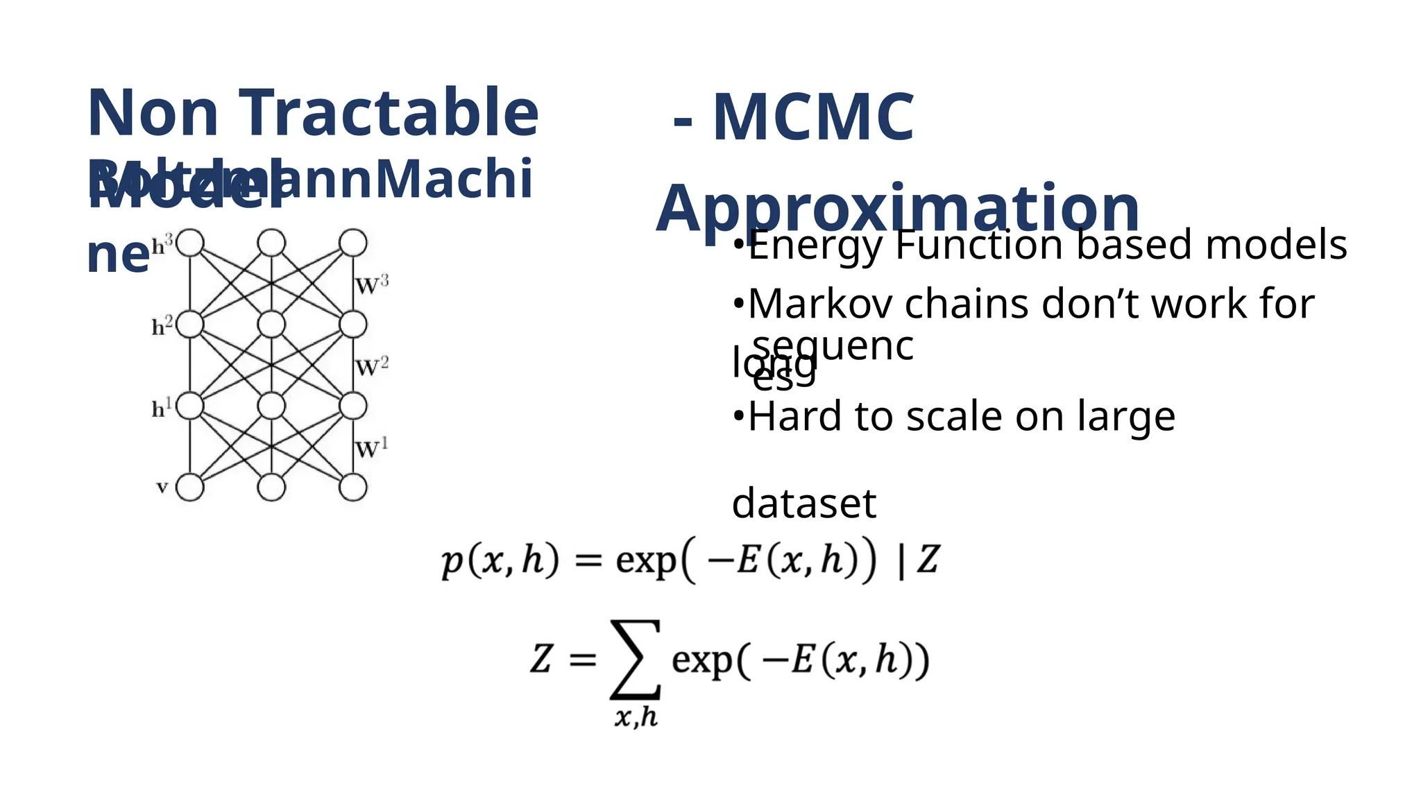 Non Tractable
Model
- MCMC
Approximation
BoltzmannMachi
ne •Energy Function based models
•Markov chains don’t work for
long
sequenc
es
•Hard to scale on large
dataset
 