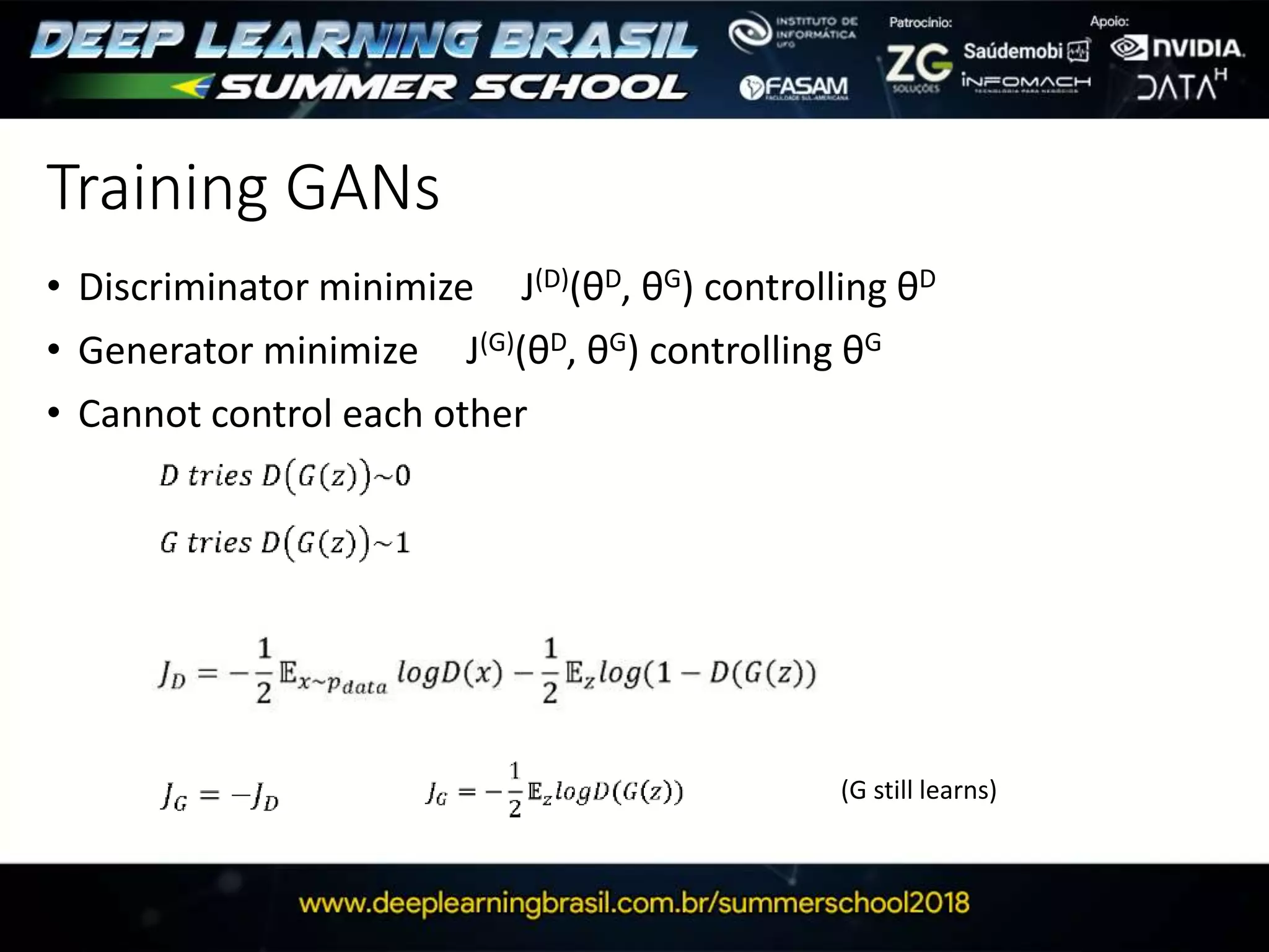 Training GANs
• Discriminator minimize J(D)(θD, θG) controlling θD
• Generator minimize J(G)(θD, θG) controlling θG
• Cannot control each other
(G still learns)
 