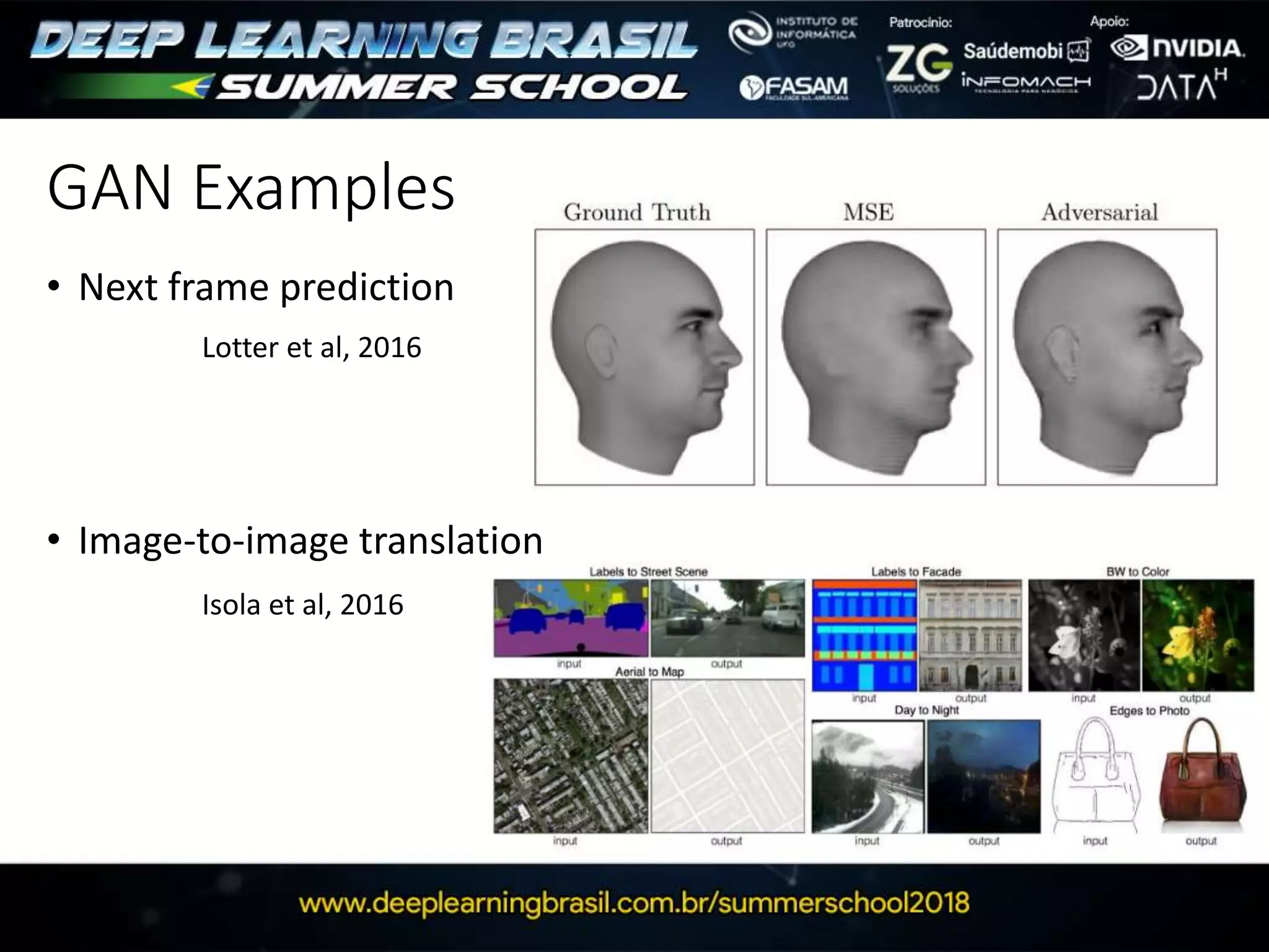 GAN Examples
• Next frame prediction
• Image-to-image translation
Lotter et al, 2016
Isola et al, 2016
 