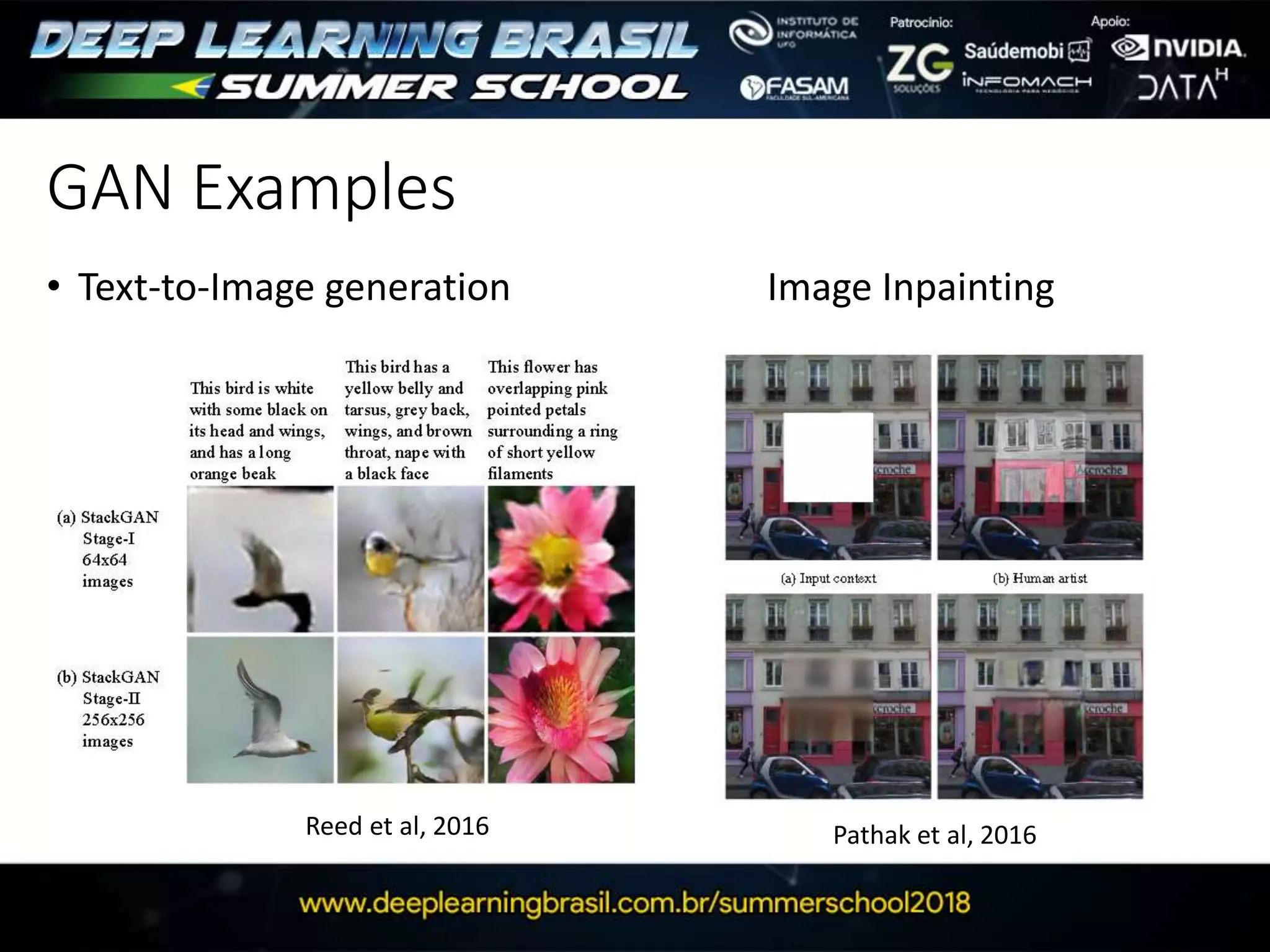 GAN Examples
• Text-to-Image generation Image Inpainting
Reed et al, 2016 Pathak et al, 2016
 
