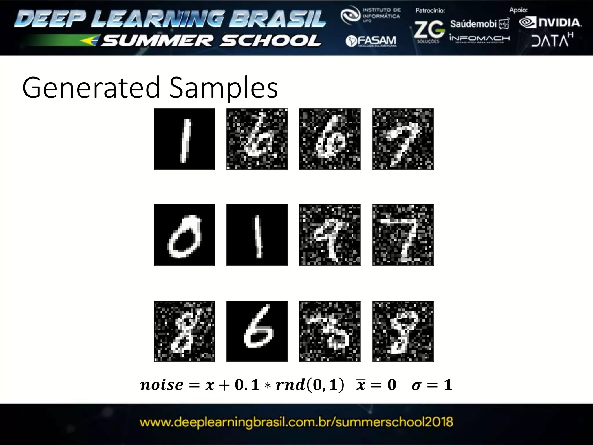 Generated Samples
𝒏𝒐𝒊𝒔𝒆 = 𝒙 + 𝟎. 𝟏 ∗ 𝒓𝒏𝒅 𝟎, 𝟏 𝒙 = 𝟎 𝝈 = 𝟏
 