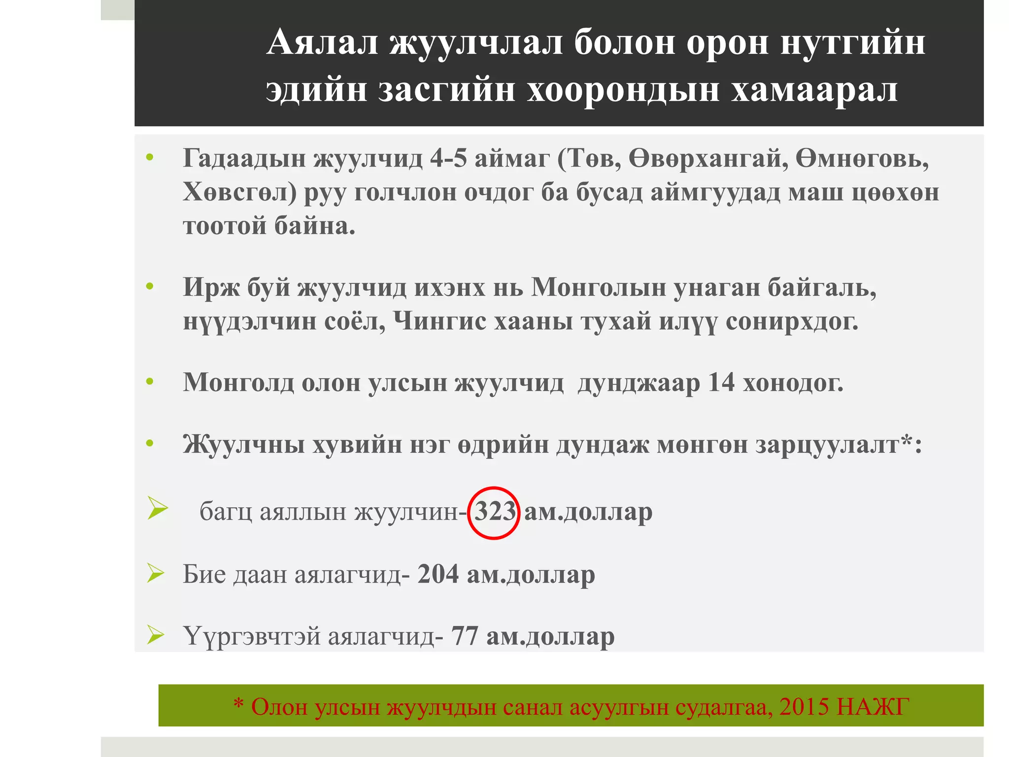 Аялал жуулчлал болон орон нутгийн
эдийн засгийн хоорондын хамаарал
• Гадаадын жуулчид 4-5 аймаг (Төв, Өвөрхангай, Өмнөговь,
Хөвсгөл) руу голчлон очдог ба бусад аймгуудад маш цөөхөн
тоотой байна.
• Ирж буй жуулчид ихэнх нь Монголын унаган байгаль,
нүүдэлчин соёл, Чингис хааны тухай илүү сонирхдог.
• Монголд олон улсын жуулчид дунджаар 14 хонодог.
• Жуулчны хувийн нэг өдрийн дундаж мөнгөн зарцуулалт*:
 багц аяллын жуулчин- 323 ам.доллар
 Бие даан аялагчид- 204 ам.доллар
 Үүргэвчтэй аялагчид- 77 ам.доллар
* Олон улсын жуулчдын санал асуулгын судалгаа, 2015 НАЖГ
 
