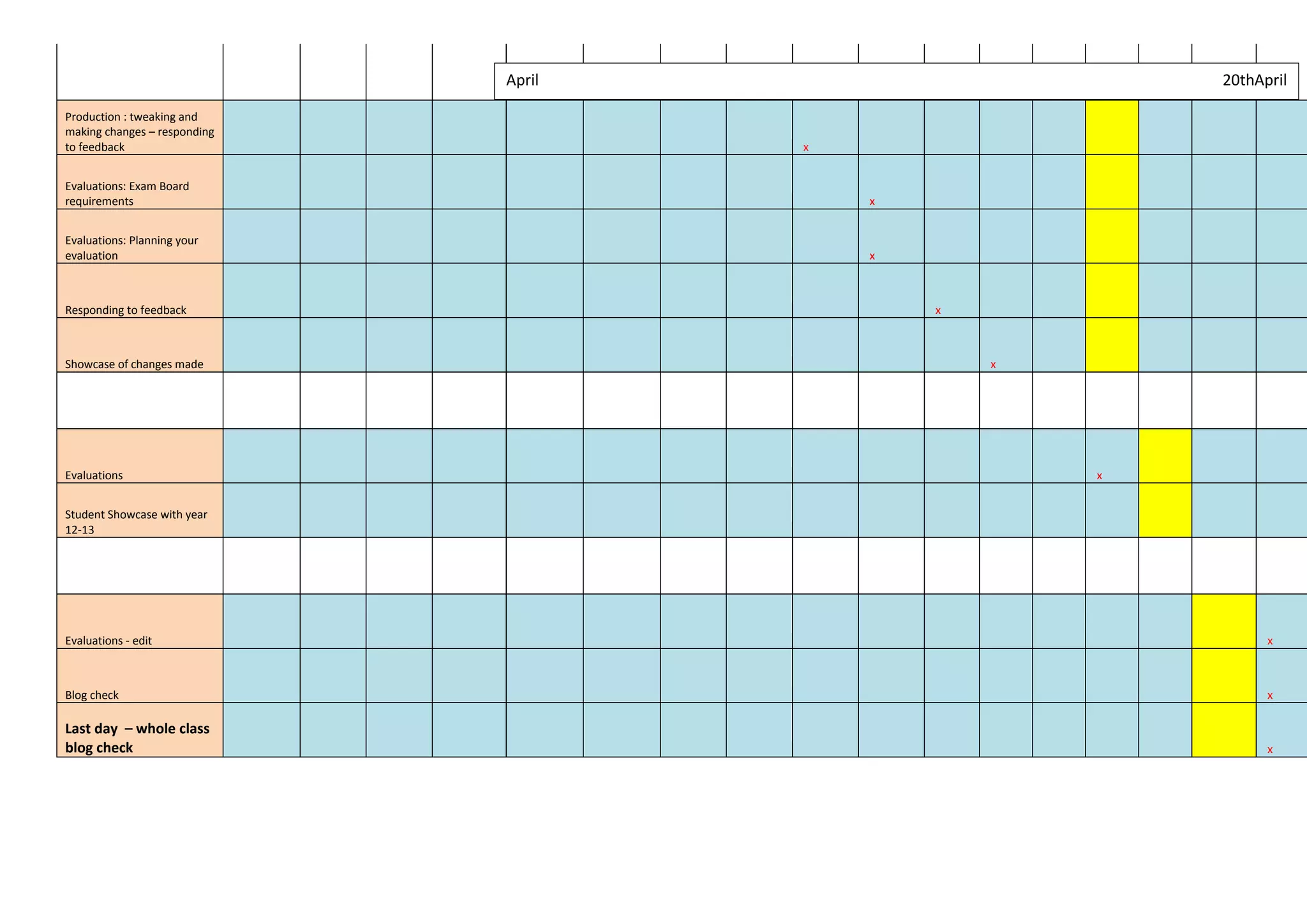 April                       20thApril

Production : tweaking and
making changes – responding
to feedback                           x


Evaluations: Exam Board
requirements                              x


Evaluations: Planning your
evaluation                                x



Responding to feedback                        x



Showcase of changes made                          x




Evaluations                                           x


Student Showcase with year
12-13




Evaluations - edit                                              x



Blog check                                                      x

Last day – whole class
blog check                                                      x
 