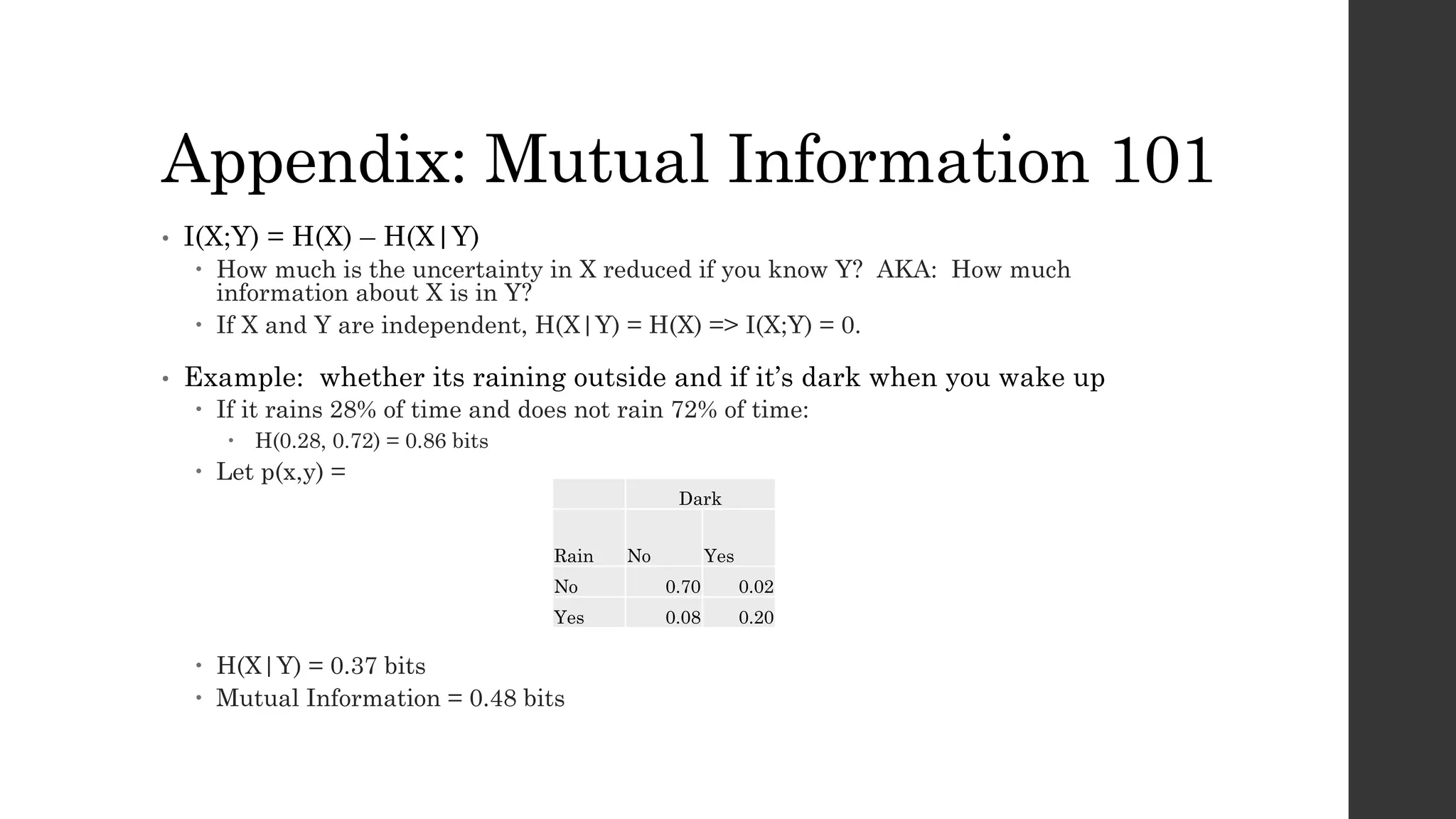Appendix: Mutual Information 101
• I(X;Y) = H(X) – H(X|Y)
– How much is the uncertainty in X reduced if you know Y? AKA: How much
information about X is in Y?
– If X and Y are independent, H(X|Y) = H(X) => I(X;Y) = 0.
• Example: whether its raining outside and if it’s dark when you wake up
– If it rains 28% of time and does not rain 72% of time:
– H(0.28, 0.72) = 0.86 bits
– Let p(x,y) =
– H(X|Y) = 0.37 bits
– Mutual Information = 0.48 bits
Dark
Rain No Yes
No 0.70 0.02
Yes 0.08 0.20
 