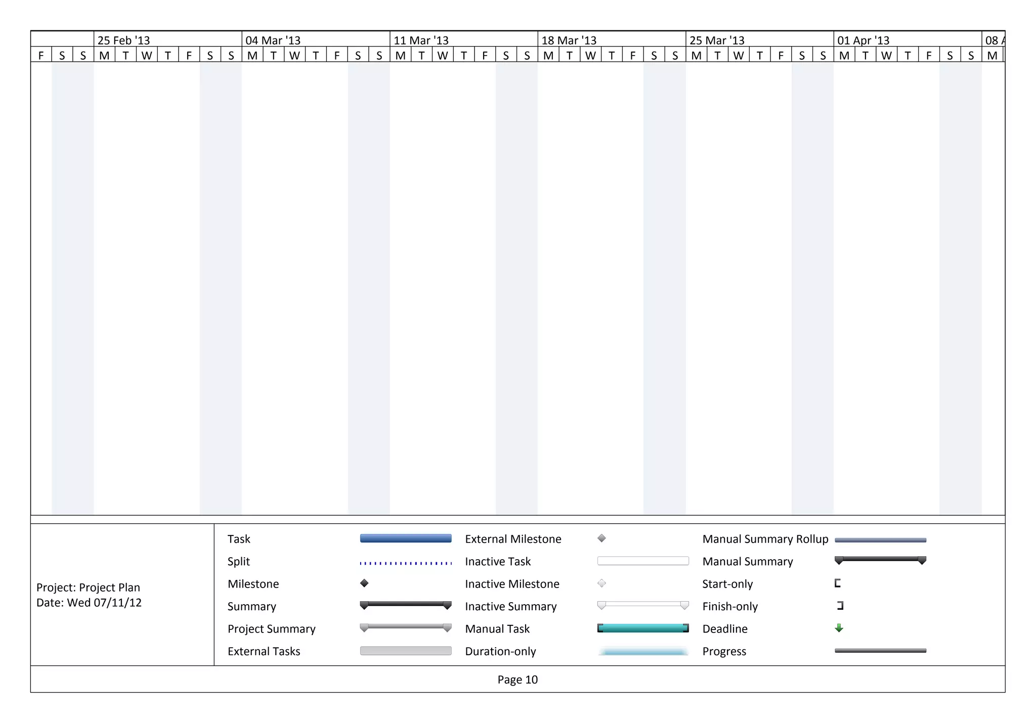 3               25 Feb '13               04 Mar '13                11 Mar '13                 18 Mar '13               25 Mar '13                 01 Apr '13                   08 Apr '13
    F   S   S   M T W T      F   S   S   M T W T       F   S   S   M T W T      F   S   S     M T W T      F   S   S   M T W T        F   S   S   M T W        T   F   S   S   M T




                                     Task                                   External Milestone                          Manual Summary Rollup
                                     Split                                  Inactive Task                               Manual Summary

    Project: Project Plan            Milestone                              Inactive Milestone                          Start-only
    Date: Wed 07/11/12               Summary                                Inactive Summary                            Finish-only
                                     Project Summary                        Manual Task                                 Deadline
                                     External Tasks                         Duration-only                               Progress

                                                                                    Page 10
 