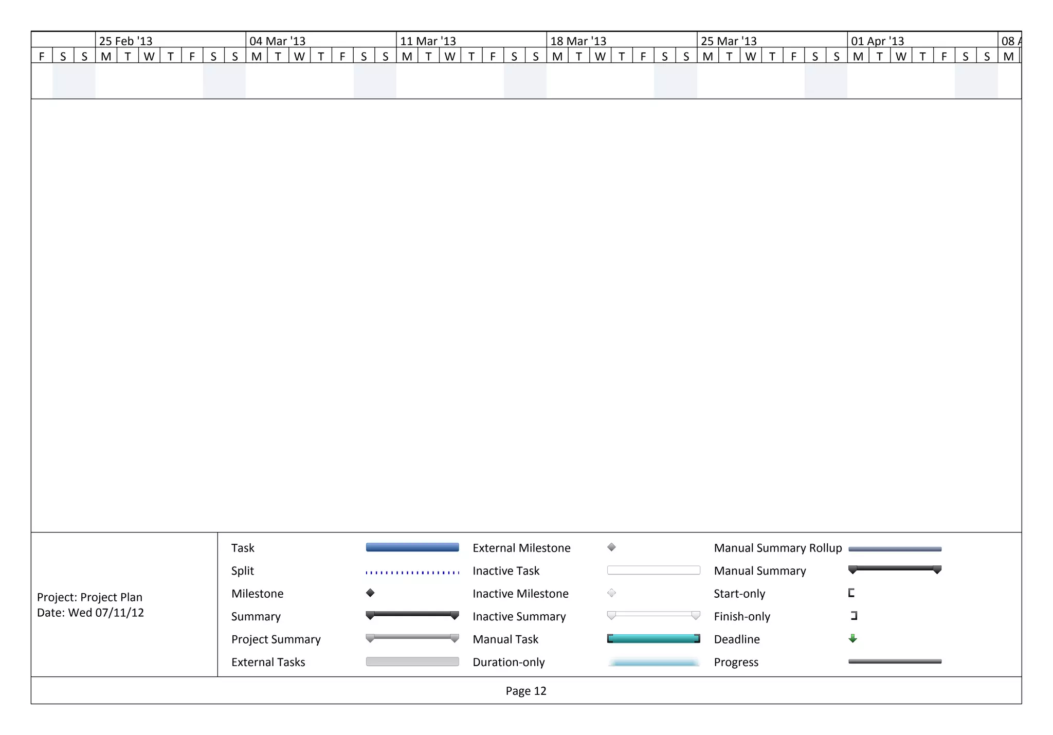 3               25 Feb '13               04 Mar '13                11 Mar '13                 18 Mar '13               25 Mar '13                 01 Apr '13                   08 Apr '13
    F   S   S   M T W T      F   S   S   M T W T       F   S   S   M T W T      F   S   S     M T W T      F   S   S   M T W T        F   S   S   M T W        T   F   S   S   M T




                                     Task                                   External Milestone                          Manual Summary Rollup
                                     Split                                  Inactive Task                               Manual Summary

    Project: Project Plan            Milestone                              Inactive Milestone                          Start-only
    Date: Wed 07/11/12               Summary                                Inactive Summary                            Finish-only
                                     Project Summary                        Manual Task                                 Deadline
                                     External Tasks                         Duration-only                               Progress

                                                                                    Page 12
 