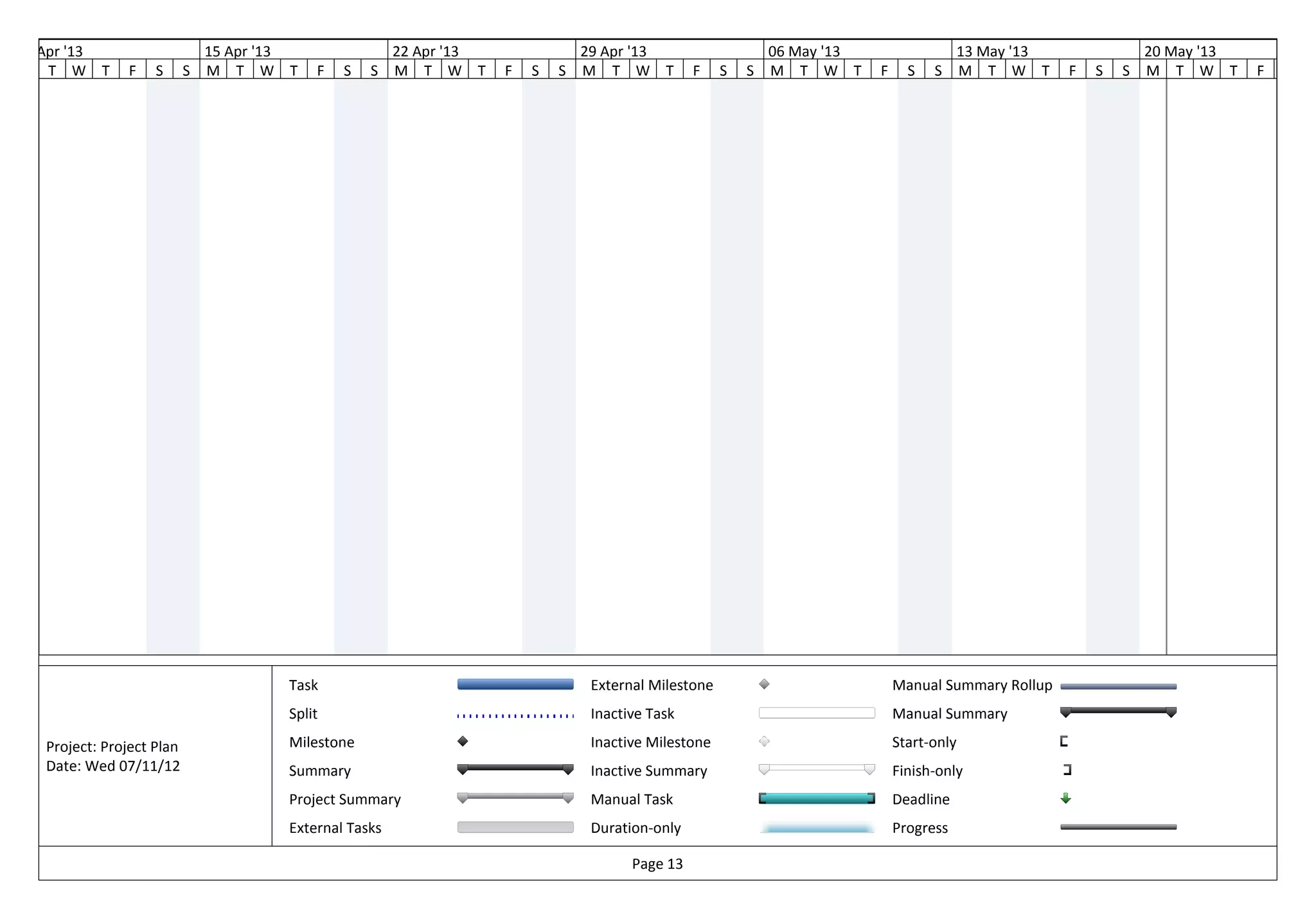 08 Apr '13                     15 Apr '13                22 Apr '13               29 Apr '13                    06 May '13                  13 May '13               20 May '13
    T W T      F    S      S   M T W T      F   S   S    M T W T      F   S   S   M T W T          F    S   S   M T W T      F     S   S    M T W T      F   S   S   M T W T      F   S




                                        Task                                       External Milestone                            Manual Summary Rollup
                                        Split                                      Inactive Task                                 Manual Summary

   Project: Project Plan                Milestone                                  Inactive Milestone                            Start-only
   Date: Wed 07/11/12                   Summary                                    Inactive Summary                              Finish-only
                                        Project Summary                            Manual Task                                   Deadline
                                        External Tasks                             Duration-only                                 Progress

                                                                                         Page 13
 