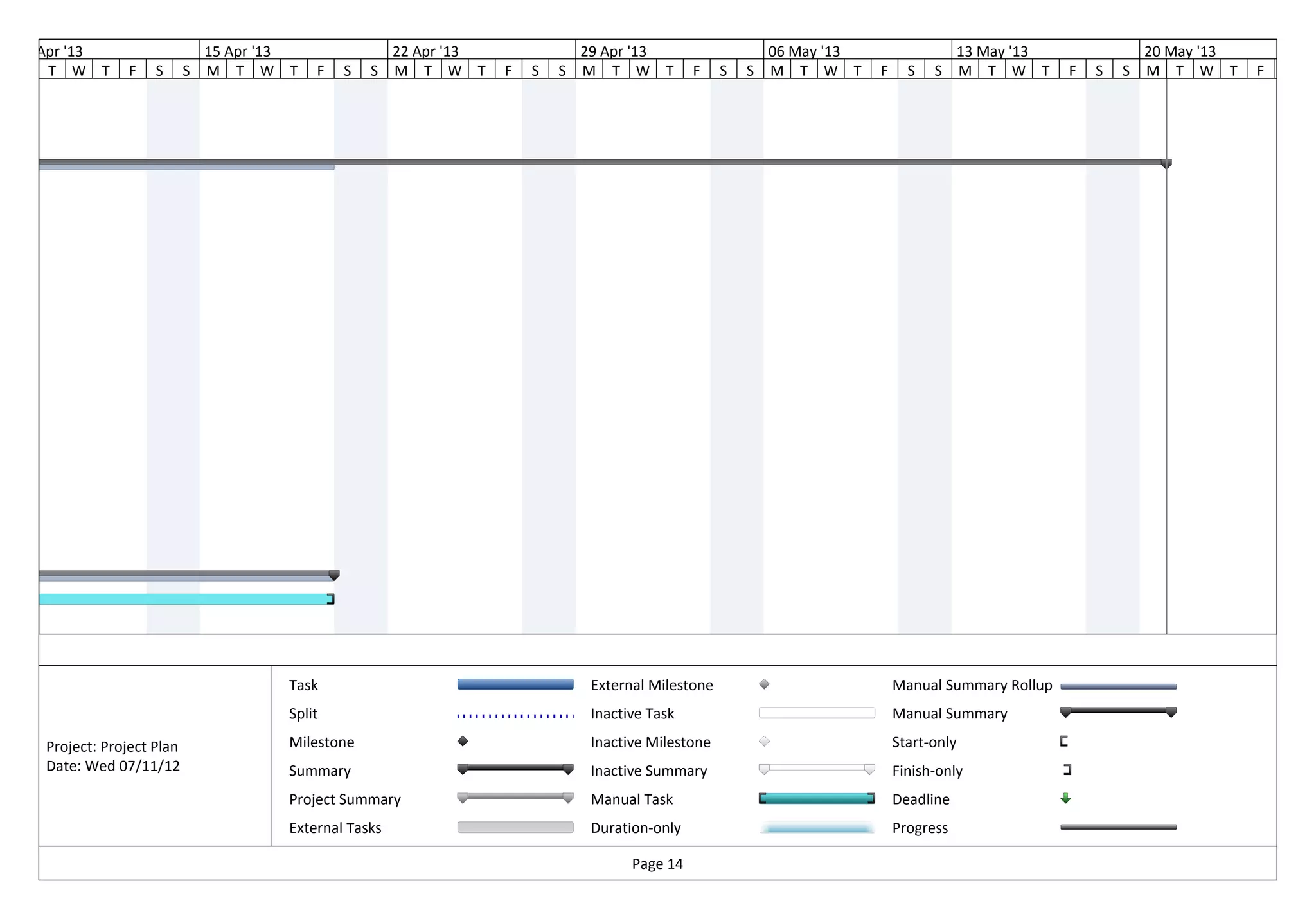08 Apr '13                     15 Apr '13                22 Apr '13               29 Apr '13                    06 May '13                  13 May '13               20 May '13
    T W T      F    S      S   M T W T      F   S   S    M T W T      F   S   S   M T W T          F    S   S   M T W T      F     S   S    M T W T      F   S   S   M T W T      F   S




                                        Task                                       External Milestone                            Manual Summary Rollup
                                        Split                                      Inactive Task                                 Manual Summary

   Project: Project Plan                Milestone                                  Inactive Milestone                            Start-only
   Date: Wed 07/11/12                   Summary                                    Inactive Summary                              Finish-only
                                        Project Summary                            Manual Task                                   Deadline
                                        External Tasks                             Duration-only                                 Progress

                                                                                         Page 14
 