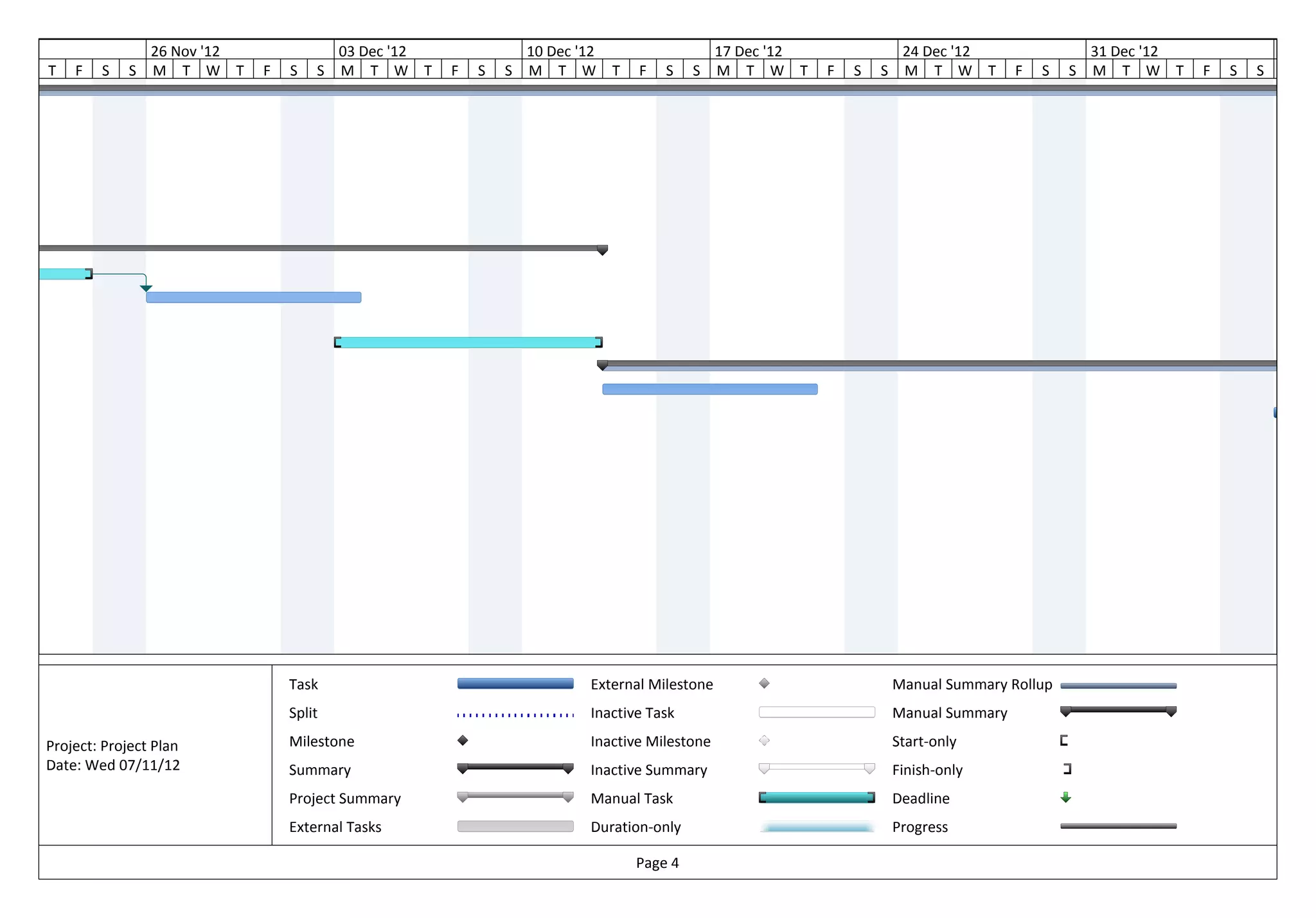 ov '12                   26 Nov '12               03 Dec '12               10 Dec '12                    17 Dec '12                24 Dec '12                  31 Dec '12
         T   F   S   S   M T W T      F   S   S   M T W T      F   S   S   M T W        T   F   S    S   M T W T      F   S   S    M T W T         F   S   S   M T W T      F   S   S   M




                                          Task                                      External Milestone                            Manual Summary Rollup
                                          Split                                     Inactive Task                                 Manual Summary

         Project: Project Plan            Milestone                                 Inactive Milestone                            Start-only
         Date: Wed 07/11/12               Summary                                   Inactive Summary                              Finish-only
                                          Project Summary                           Manual Task                                   Deadline
                                          External Tasks                            Duration-only                                 Progress

                                                                                            Page 4
 