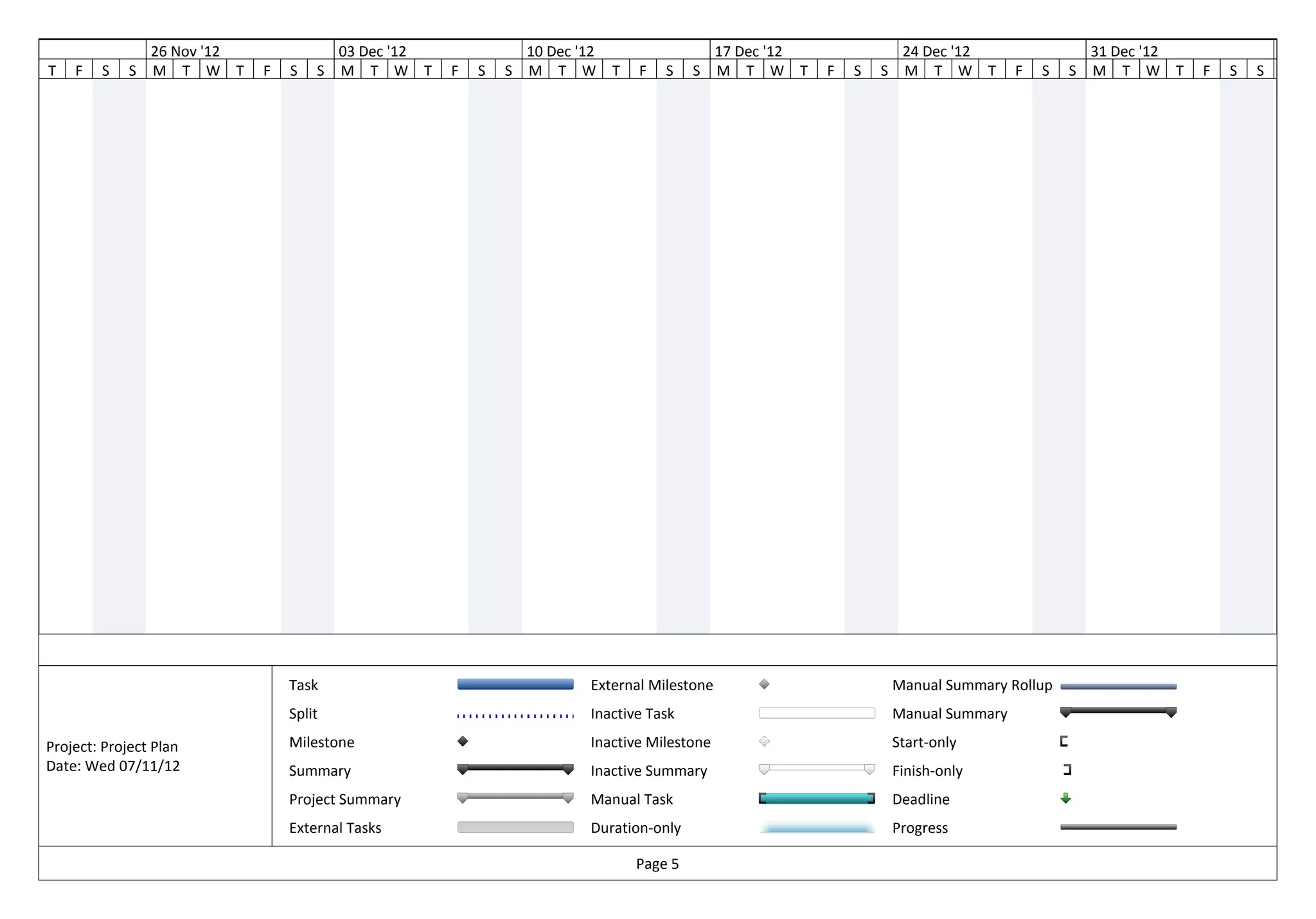 ov '12                   26 Nov '12               03 Dec '12               10 Dec '12                    17 Dec '12                24 Dec '12                  31 Dec '12
         T   F   S   S   M T W T      F   S   S   M T W T      F   S   S   M T W        T   F   S    S   M T W T      F   S   S    M T W T         F   S   S   M T W T      F   S   S   M




                                          Task                                      External Milestone                            Manual Summary Rollup
                                          Split                                     Inactive Task                                 Manual Summary

         Project: Project Plan            Milestone                                 Inactive Milestone                            Start-only
         Date: Wed 07/11/12               Summary                                   Inactive Summary                              Finish-only
                                          Project Summary                           Manual Task                                   Deadline
                                          External Tasks                            Duration-only                                 Progress

                                                                                            Page 5
 