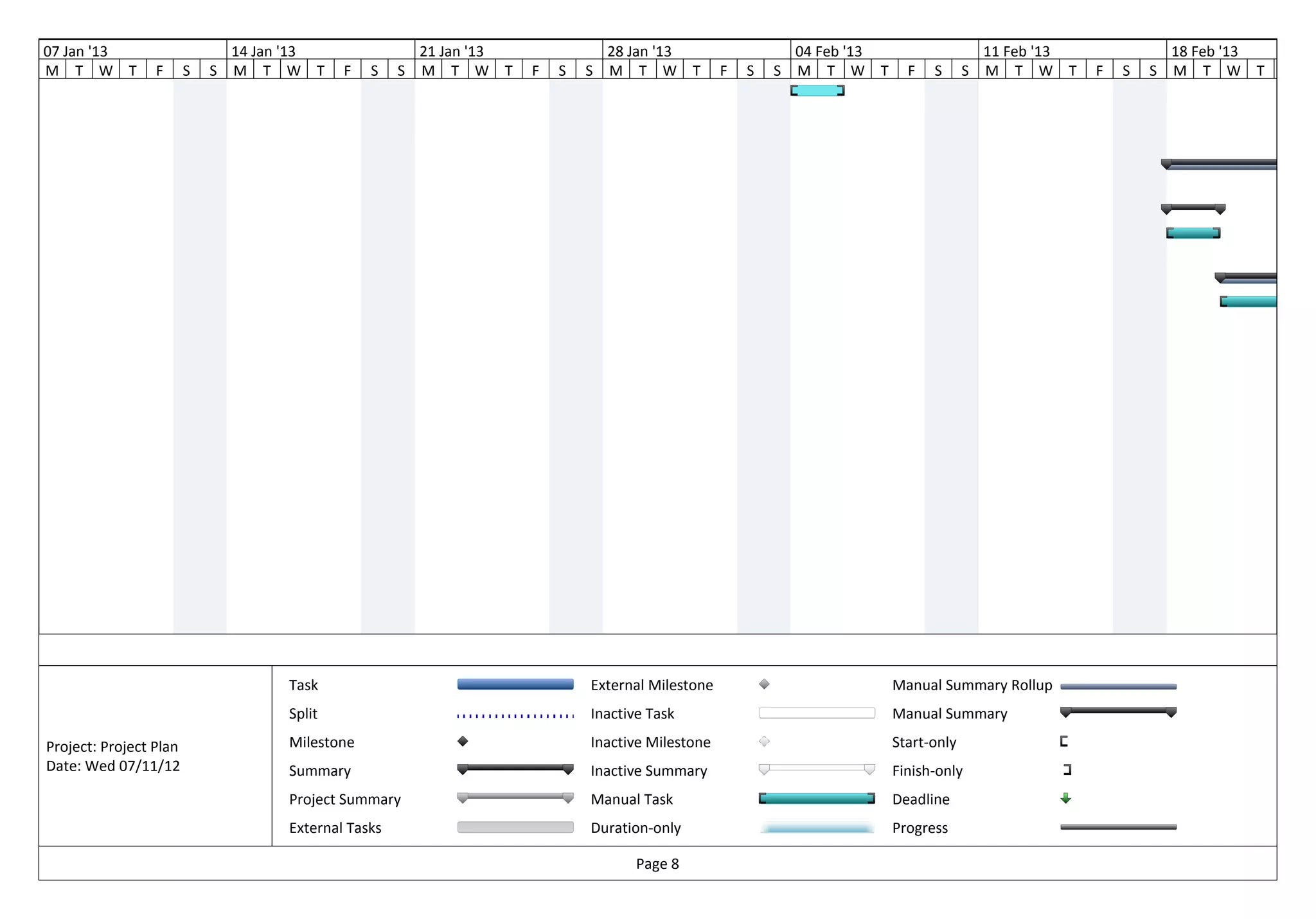 07 Jan '13                      14 Jan '13                 21 Jan '13               28 Jan '13                   04 Feb '13                    11 Feb '13               18 Feb '13
M T W T          F      S   S   M T W T       F   S    S   M T W T      F   S   S   M T W T          F   S   S   M T W T        F   S      S   M T W T      F   S   S   M T W T      F




                                      Task                                      External Milestone                            Manual Summary Rollup
                                      Split                                     Inactive Task                                 Manual Summary

Project: Project Plan                 Milestone                                 Inactive Milestone                            Start-only
Date: Wed 07/11/12                    Summary                                   Inactive Summary                              Finish-only
                                      Project Summary                           Manual Task                                   Deadline
                                      External Tasks                            Duration-only                                 Progress

                                                                                       Page 8
 