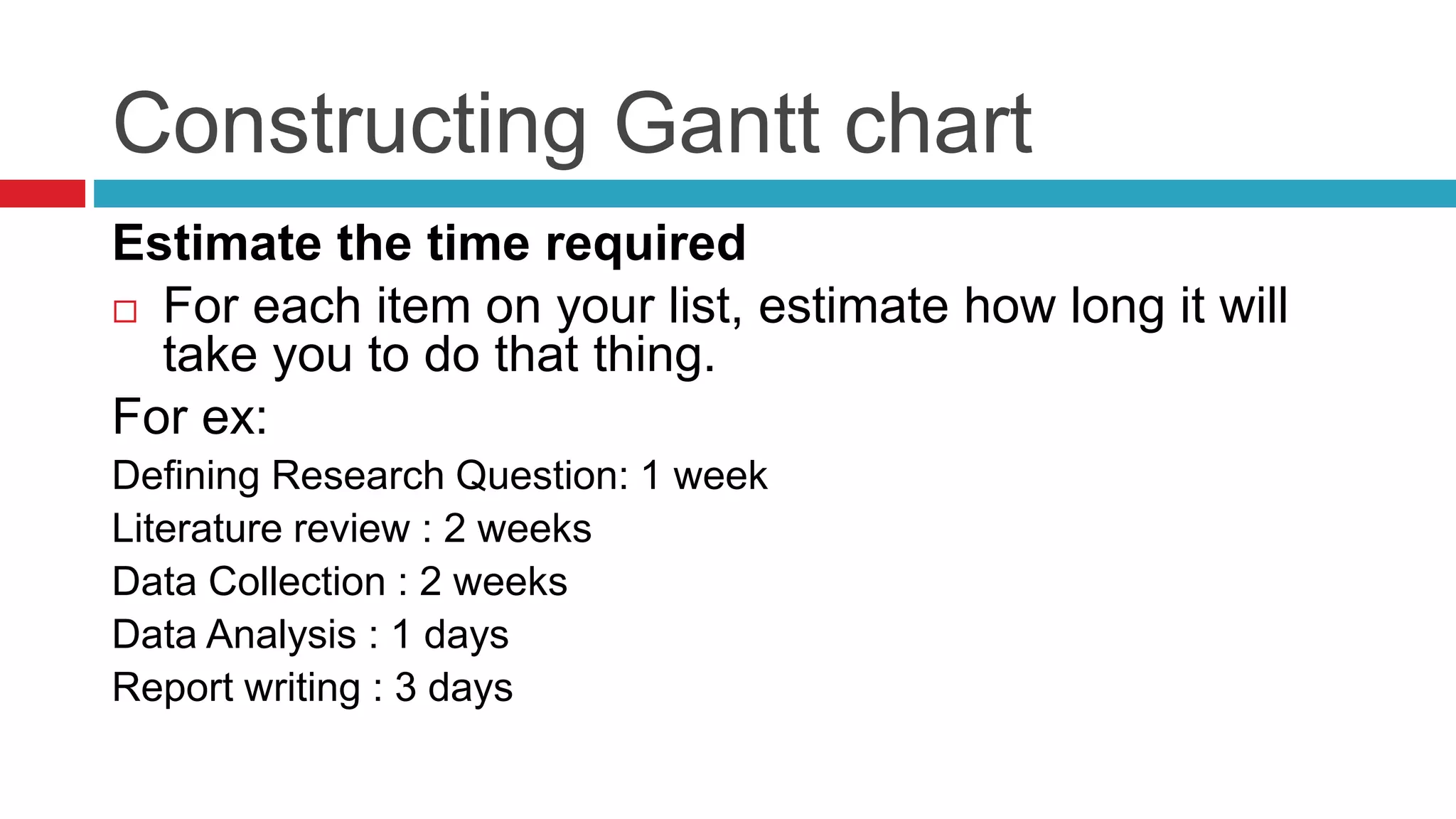 Constructing Gantt chart 
Estimate the time required 
 For each item on your list, estimate how long it will 
take you to do that thing. 
For ex: 
Defining Research Question: 1 week 
Literature review : 2 weeks 
Data Collection : 2 weeks 
Data Analysis : 1 days 
Report writing : 3 days 
 