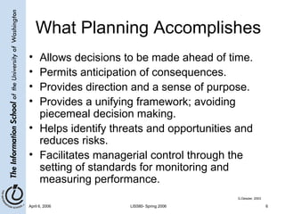 April 6, 2006 LIS580- Spring 2006 6
What Planning Accomplishes
• Allows decisions to be made ahead of time.
• Permits anticipation of consequences.
• Provides direction and a sense of purpose.
• Provides a unifying framework; avoiding
piecemeal decision making.
• Helps identify threats and opportunities and
reduces risks.
• Facilitates managerial control through the
setting of standards for monitoring and
measuring performance.
G.Dessler, 2003
 