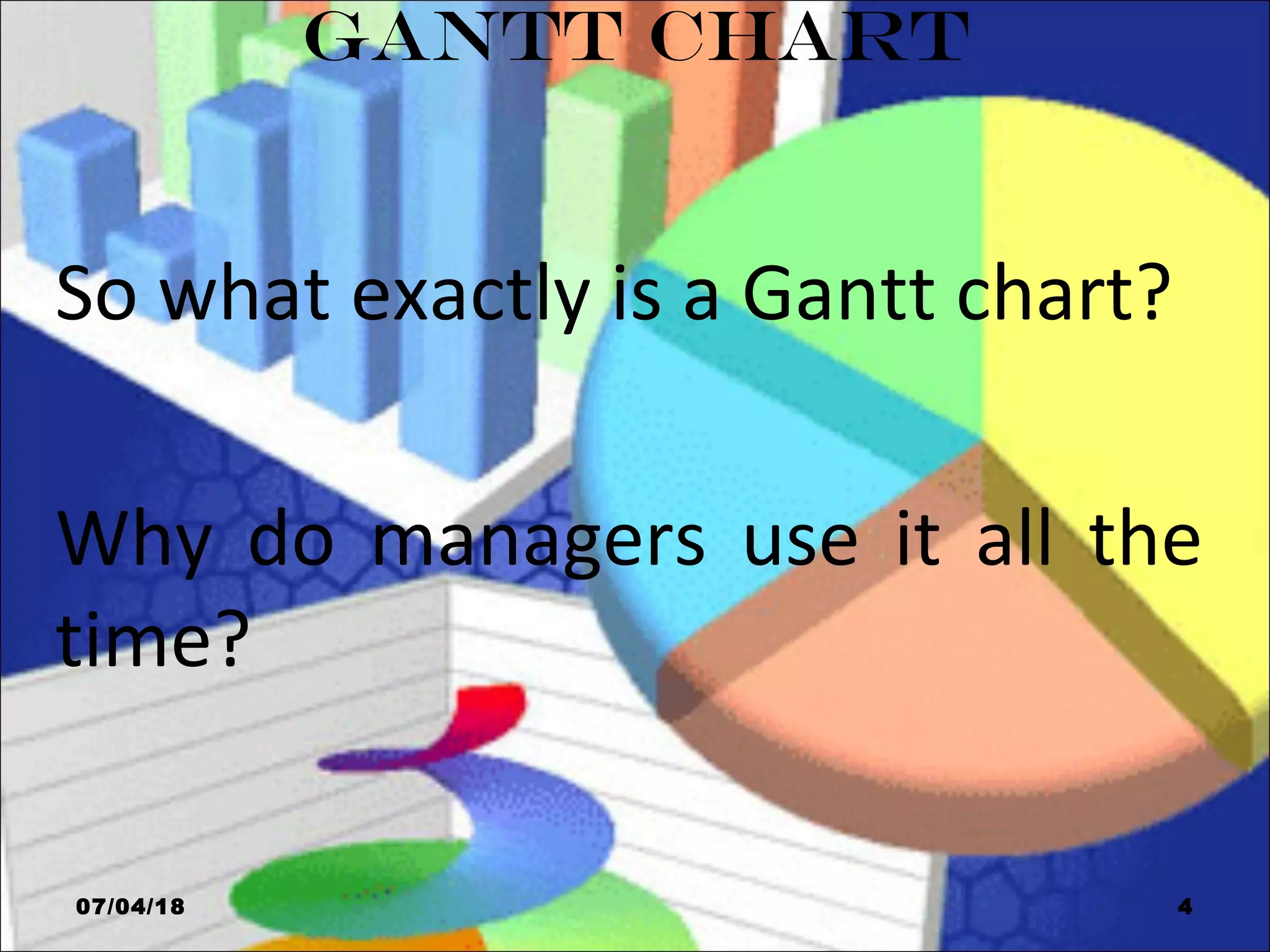 GANTT CHART
So what exactly is a Gantt chart?
Why do managers use it all the
time?
07/04/18 4
 