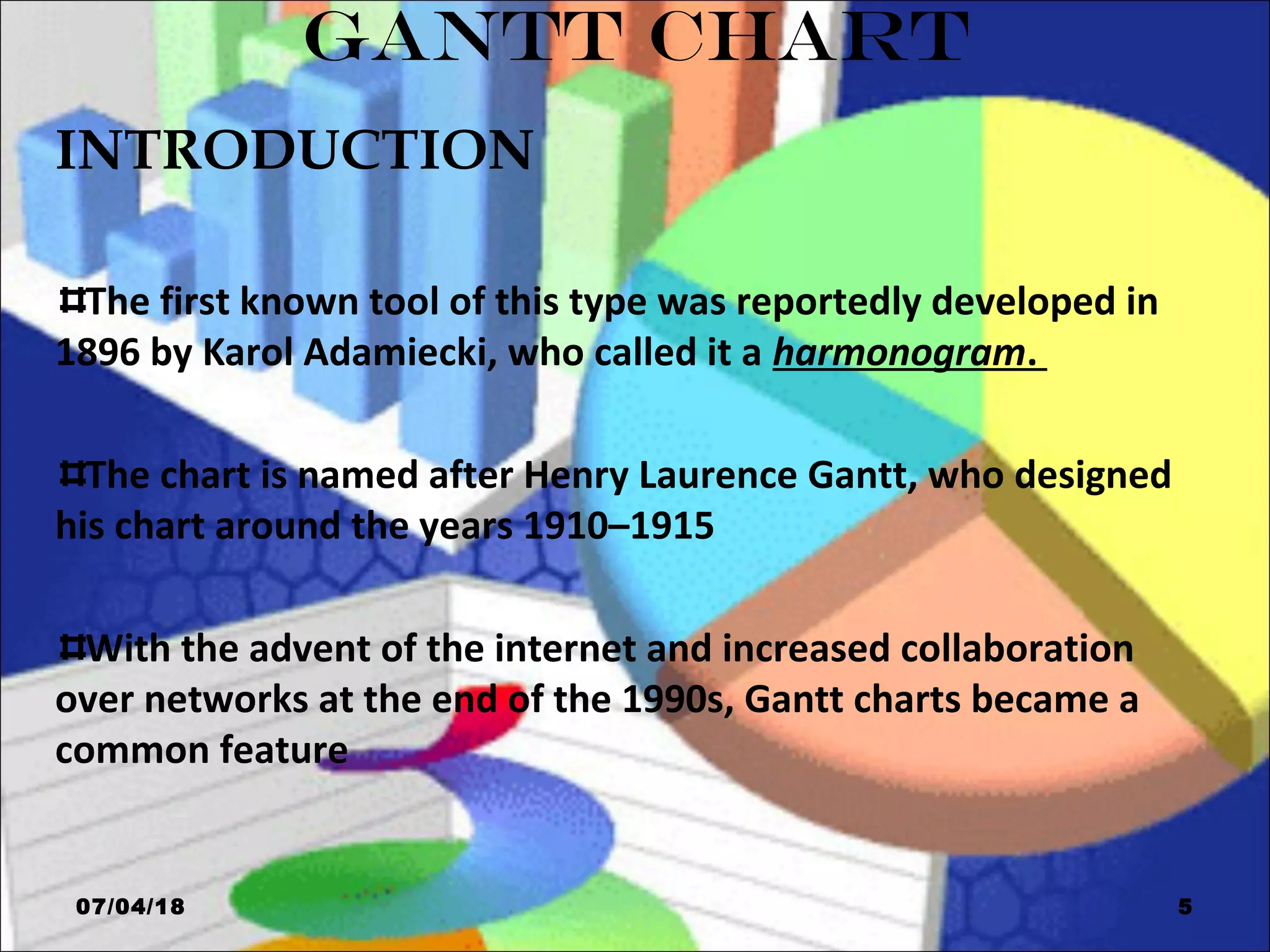 GANTT CHART
INTRODUCTION
The first known tool of this type was reportedly developed in
1896 by Karol Adamiecki, who called it a harmonogram.
The chart is named after Henry Laurence Gantt, who designed
his chart around the years 1910–1915
With the advent of the internet and increased collaboration
over networks at the end of the 1990s, Gantt charts became a
common feature
07/04/18 5
 