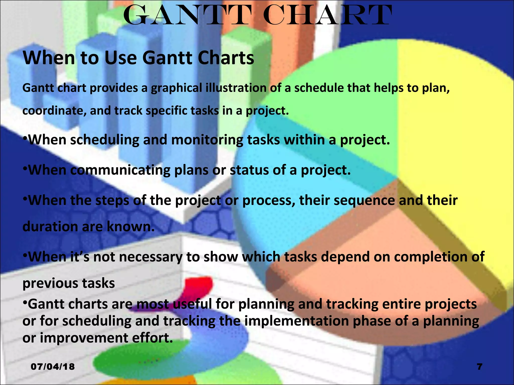 GANTT CHART
When to Use Gantt Charts
Gantt chart provides a graphical illustration of a schedule that helps to plan,
coordinate, and track specific tasks in a project.
•When scheduling and monitoring tasks within a project.
•When communicating plans or status of a project.
•When the steps of the project or process, their sequence and their
duration are known.
•When it’s not necessary to show which tasks depend on completion of
previous tasks
•Gantt charts are most useful for planning and tracking entire projects
or for scheduling and tracking the implementation phase of a planning
or improvement effort.
07/04/18 7
 