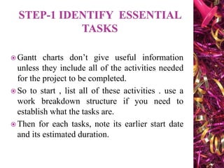  Gantt charts don’t give useful information
unless they include all of the activities needed
for the project to be completed.
 So to start , list all of these activities . use a
work breakdown structure if you need to
establish what the tasks are.
 Then for each tasks, note its earlier start date
and its estimated duration.
 
