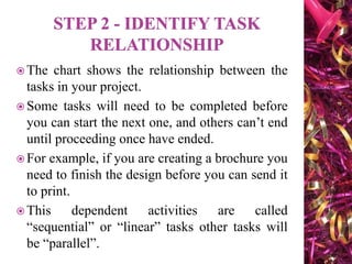  The chart shows the relationship between the
tasks in your project.
 Some tasks will need to be completed before
you can start the next one, and others can’t end
until proceeding once have ended.
 For example, if you are creating a brochure you
need to finish the design before you can send it
to print.
 This dependent activities are called
“sequential” or “linear” tasks other tasks will
be “parallel”.
 