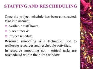 Once the project schedule has been constructed,
take into account,
 Available staff hours
 Slack times &
 Project schedule.
Resource smoothing is a technique used to
reallocate resources and reschedule activities.
In resource smoothing non - critical tasks are
rescheduled within their time window.
 