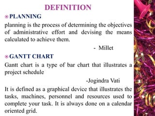  PLANNING
planning is the process of determining the objectives
of administrative effort and devising the means
calculated to achieve them.
- Millet
 GANTT CHART
Gantt chart is a type of bar chart that illustrates a
project schedule
-Jogindra Vati
It is defined as a graphical device that illustrates the
tasks, machines, personnel and resources used to
complete your task. It is always done on a calendar
oriented grid.
 