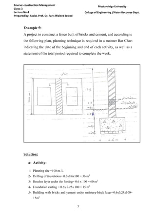7
Course: construction Management
Class: 3
Lecture No.4
Prepared by: Assist. Prof. Dr. Faris Waleed Jawad
Mustansiriya University
Collage of Engineering /Water Recourse Dept.
Example 5:
A project to construct a fence built of bricks and cement, and according to
the following plan, planning technique is required in a manner Bar Chart
indicating the date of the beginning and end of each activity, as well as a
statement of the total period required to complete the work.
Solution:
a- Activity:
1- Planning site =100 m. L
2- Drilling of foundation= 0.6x0.6x100 = 36 m3
3- Brushes layer under the footing= 0.6 x 100 = 60 m2
4- Foundation casting = 0.6x 0.25x 100 = 15 m3
5- Building with bricks and cement under moisture-block layer=0.6x0.24x100=
15m3
 
